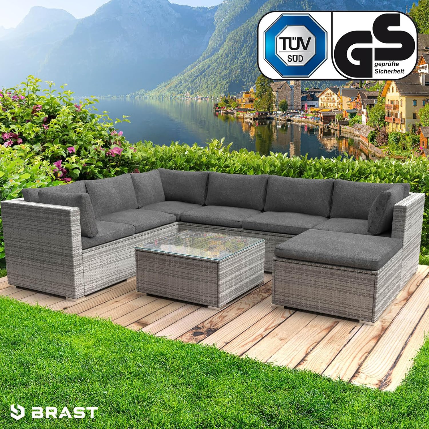 BRAST® Gartenmöbel Lounge Set | 6-7 Personen viele Modelle & Farben | inkl. extra Dicke Kissen | TÜV geprüft | Outdoor Loungemöbel Sitzgruppe Essgruppe Garnitur | Luxus Grau