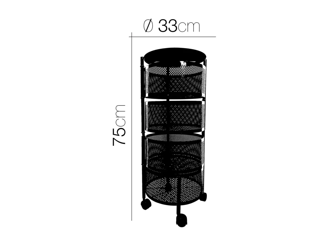 Desserte sur roulettes avec 4 tiroirs rotatifs, chariot mobile à 3 niveaux, chariot rangement à légumes, panier à fruits coloris noir - Diamètre 33 x Hauteur 75 cm