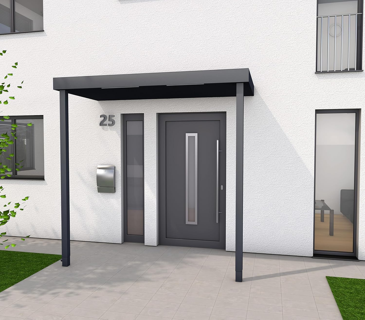 Gutta Rechteckvordach BS Plus XL mit 2 Pfosten Links - Anthrazit | Maße: 250 x 125 x 15,5 cm (BxTxH)