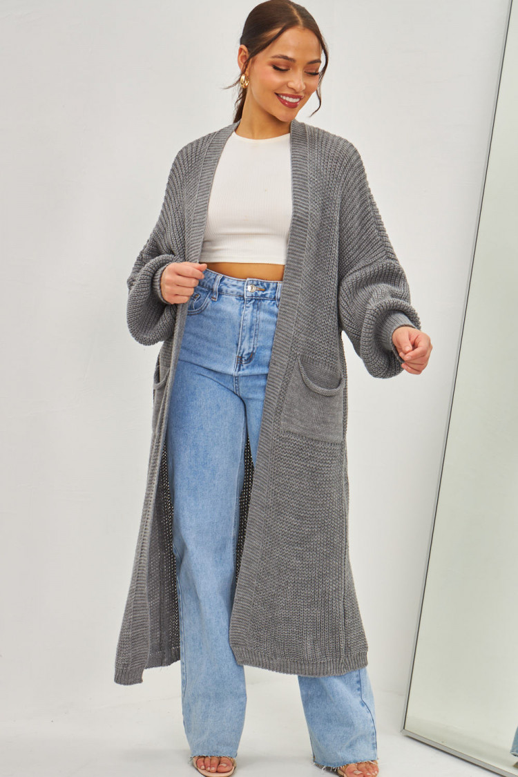 Gilet long ouvert en mailles gris