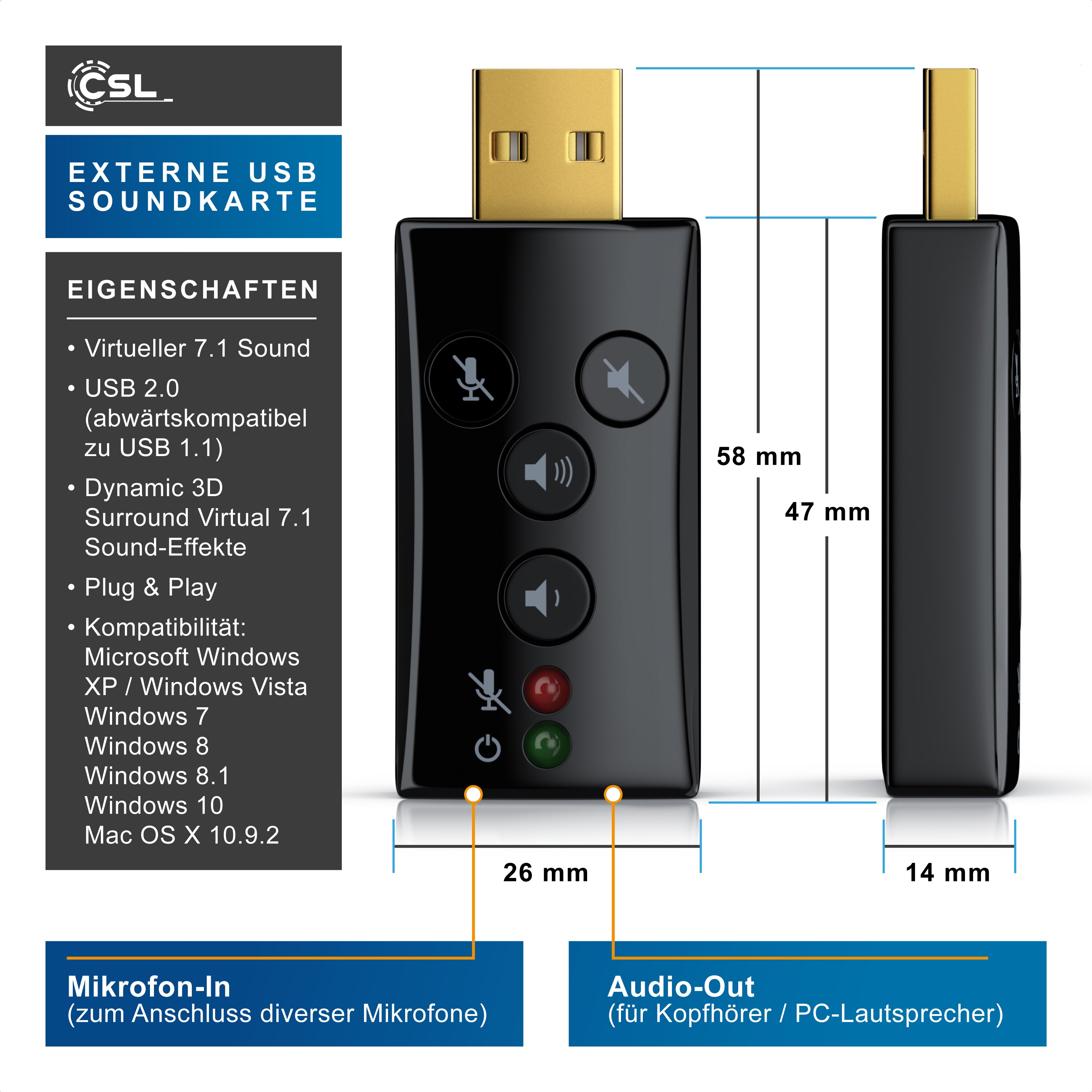 CSL Externe USB Soundkarte mit Virtual Surround Funktionstasten / Dynamic 3D Surround Sound