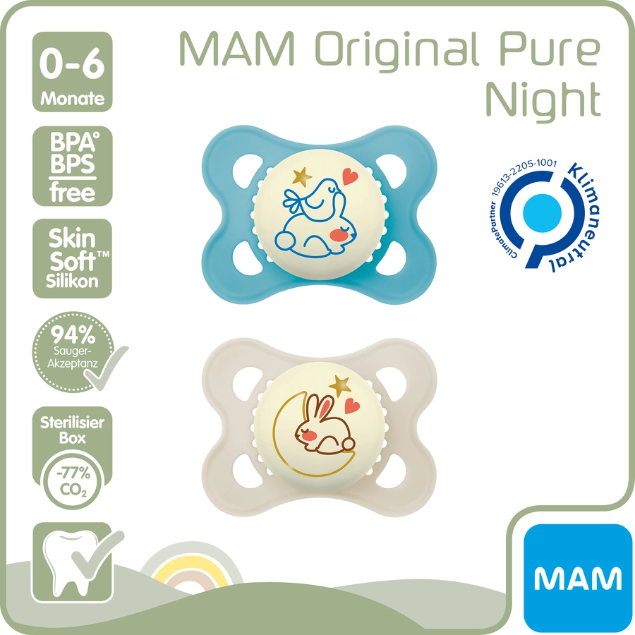 MAM Schnuller Original Night Silikon 2 Stück 0-6 Monate HaseMond