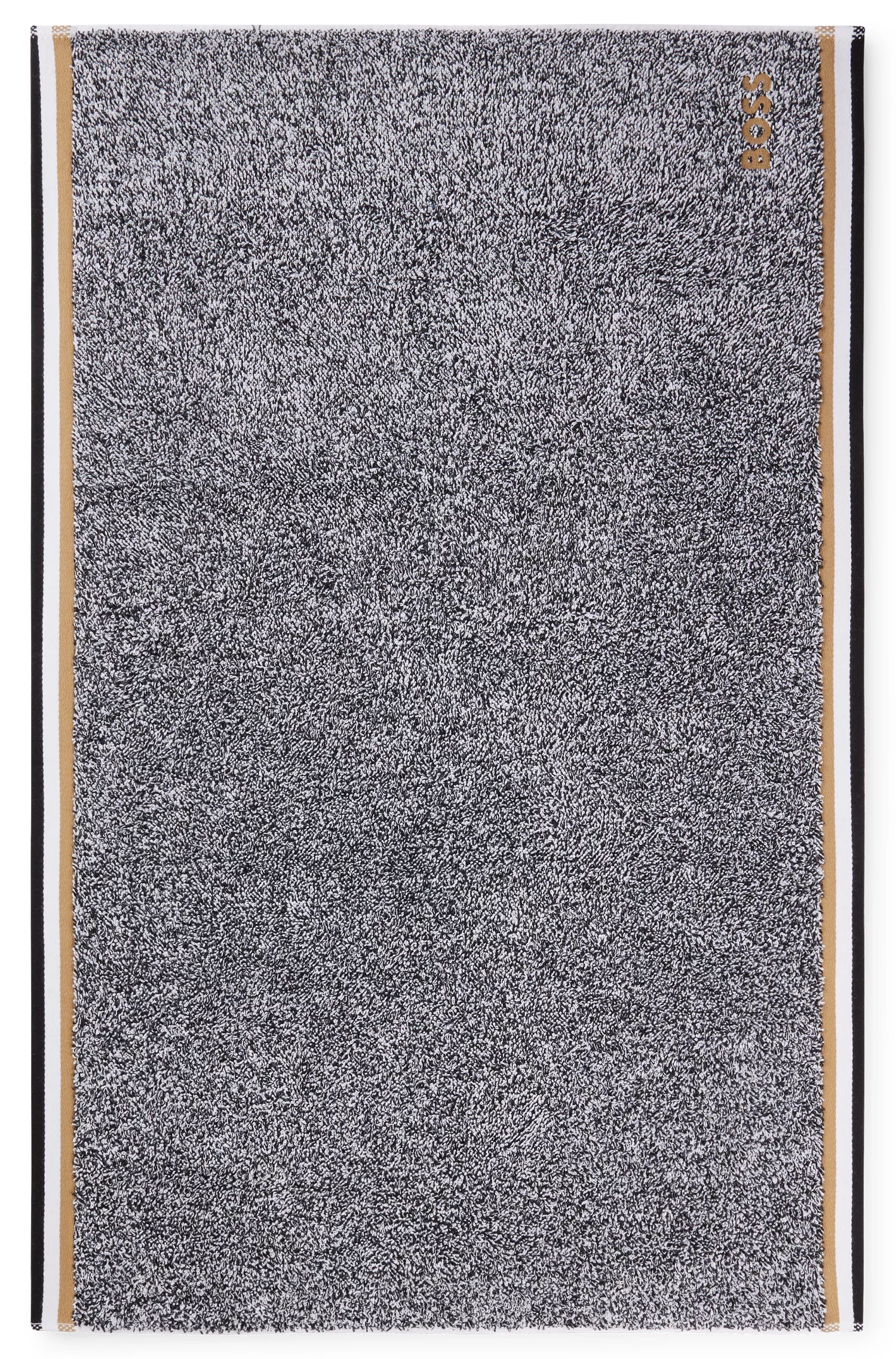 Tapete de banho BOSS em jacquard de algodão preto com listras características.