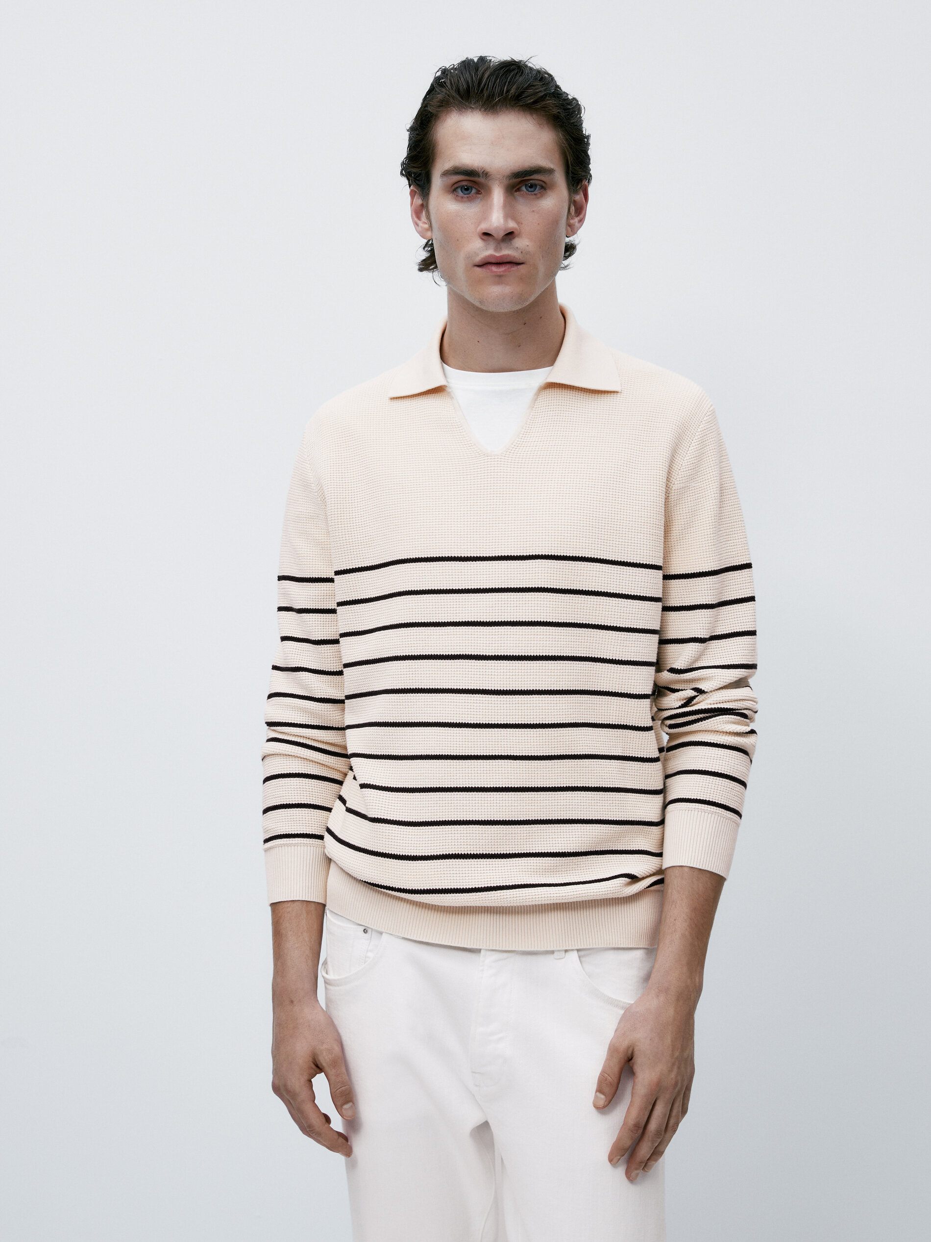 Camisa polo listrada em algodão texturizado - RAW