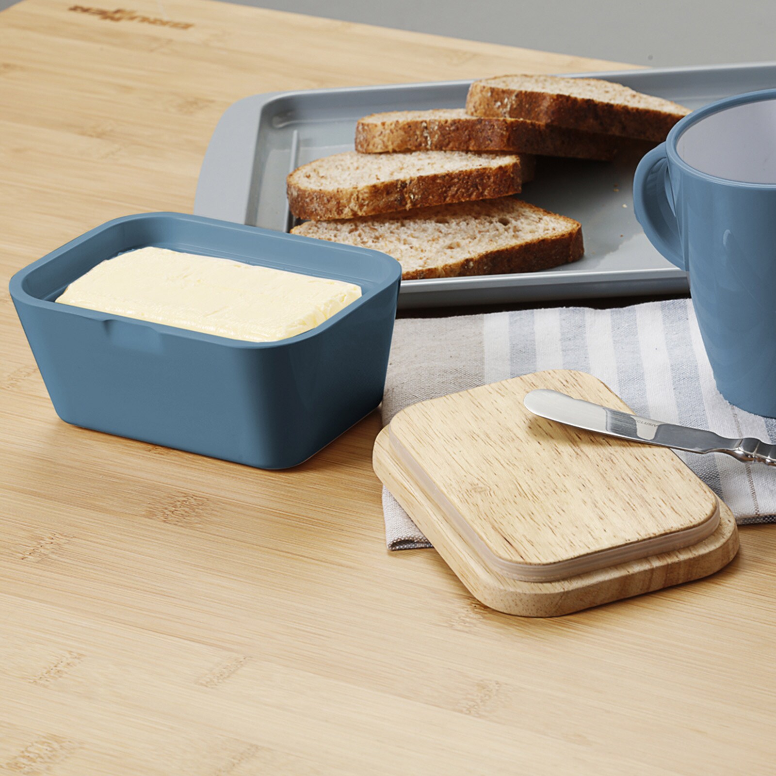 BRUNNER Melamin Butterdose Butter Schale Behälter Holz Brett Deckel Eckig Farbe: Grau