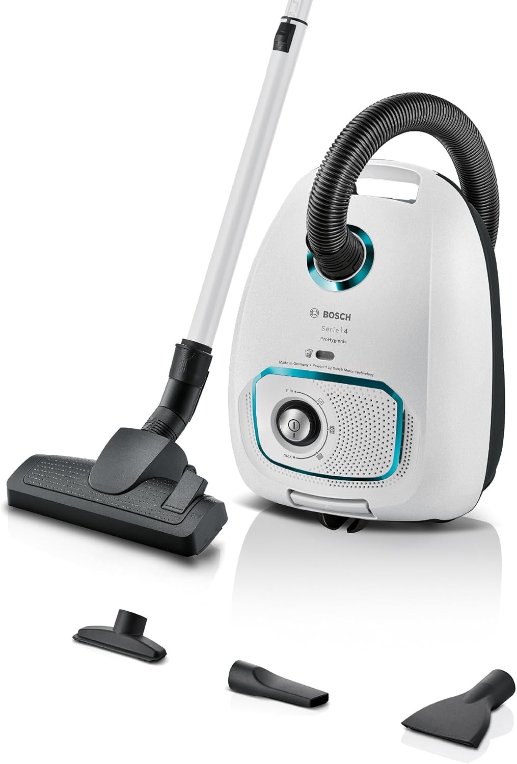 Bosch Staubsauger mit Beutel Serie 4 ProHygienic BGD41HYG, ideal für Allergiker, Hygiene-Filter, 10 Jahre Motorgarantie, integriertes Zubehör, Matratzendüse, langes Kabel, Made in Germany, 600 W, weiß
