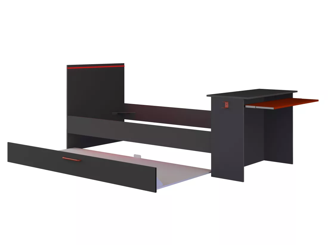 Lit gigogne gamer 90 x 200 et 90 x 190 cm - Avec bureau - LEDs - Anthracite et rouge + Matelas + Sommier - VOUANI