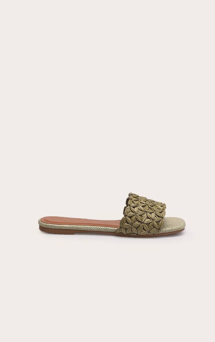 Kaki Sandales Mules Plates En Raphia