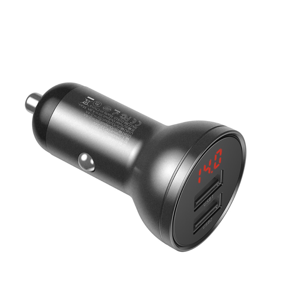 (1.2m / 4.8A) 3in1 USB Ladekabel Apple Lightning / Micro USB / USB C   Dual KFZ Ladegerät mit Display - Schwarz