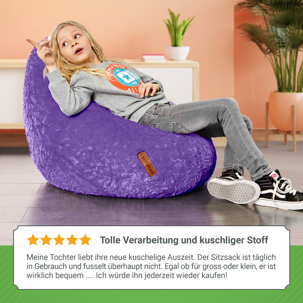 Green Bean Pluche Zitzak 45x45x60cm - Binnenzitkussen met 120L EPS-korrelvulling, comfortabel, wasbaar - Zitzak Vloerkussen, Loungestoelkruk - Paars