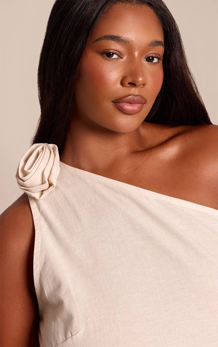 Naturel Haut D'ensemble Coordonné Grande Taille À Épaule Dénudée Avec Détail Rose En Tissu Tissé Texturé