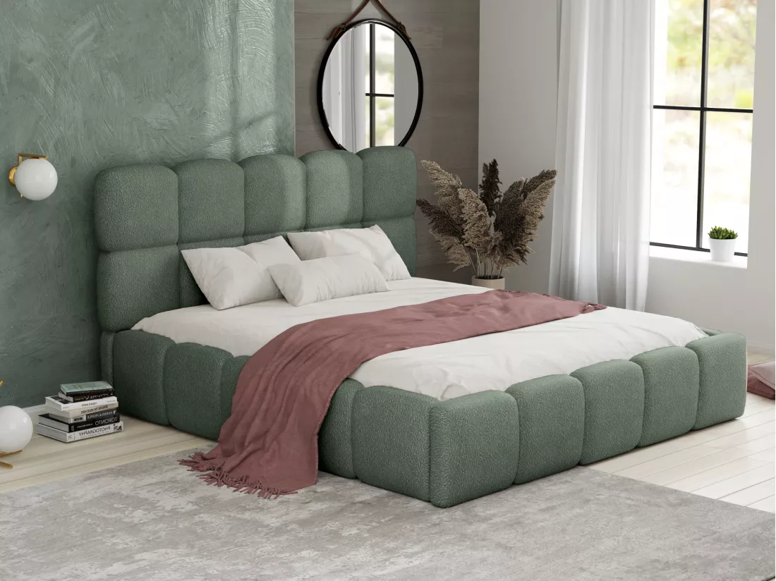 Lit coffre 140 x 190 cm - Tissu bouclette - Vert amande - DAMADO de Pascal Morabito