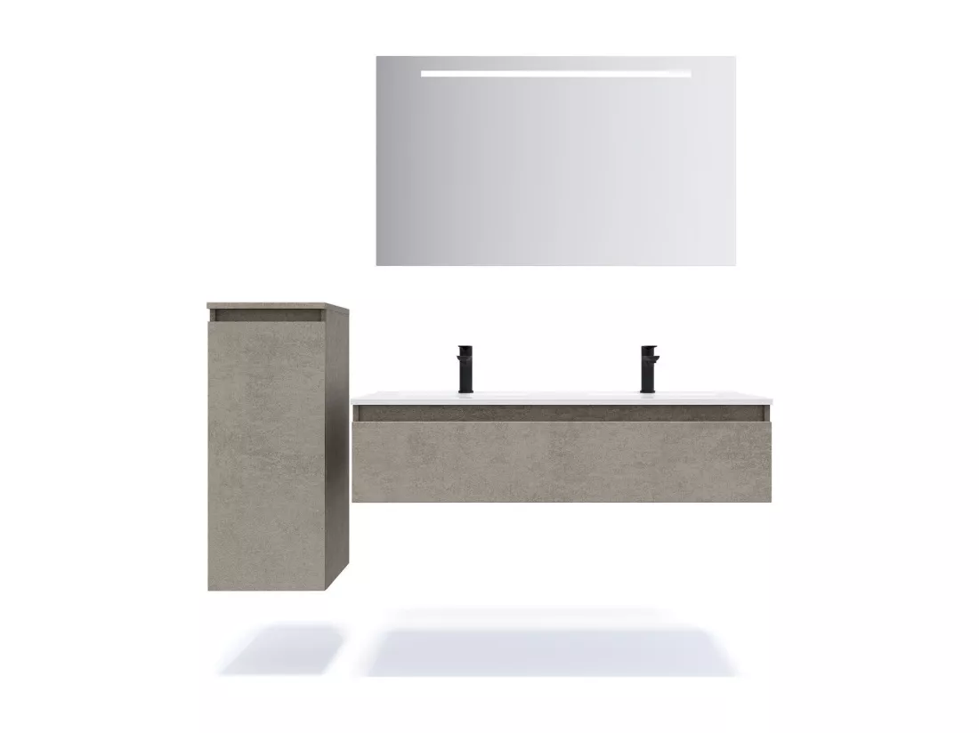 Meuble de salle de bain suspendu double vasque intégrée 120cm 1 tiroir façon Béton - Hudson
