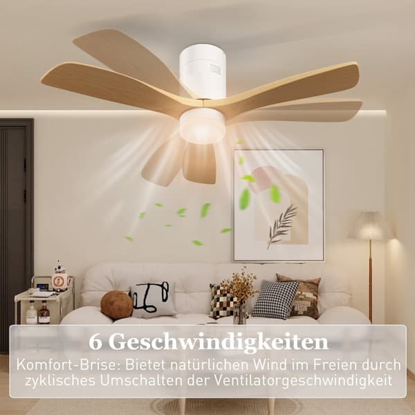 Takvifte med belysning og fjernkontroll 117 cm LED-lampe med vifte, 3 blader, vendbar DC-motor, 3 lysfarger, 6 hastigheter, timer for soverom |