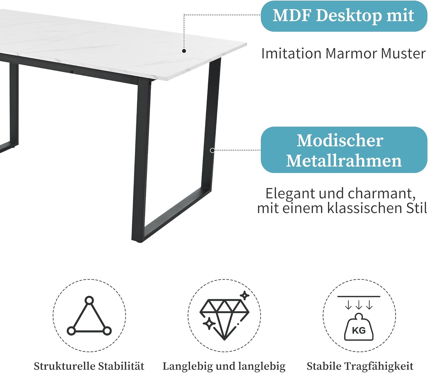 Esstisch ausziehbar 140-180x70x75 cm, rechteckiger Küchentisch, Esszimmertisch mit Tischplatte in Marmoroptik und Metallbeinen, Ausziehbarer tisch für 4-8 Personen, für Wohn- und Esszimmer, weiß.