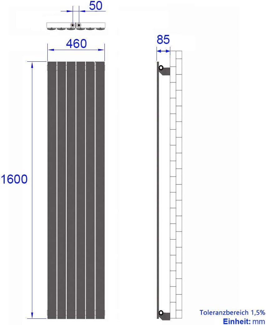 Heilmetz Heizkörper Flach 1600 x 460 mm Weiß Design Paneelheizkörper mit Mittelanschluss Einreihig Vertikal Badheizkörper