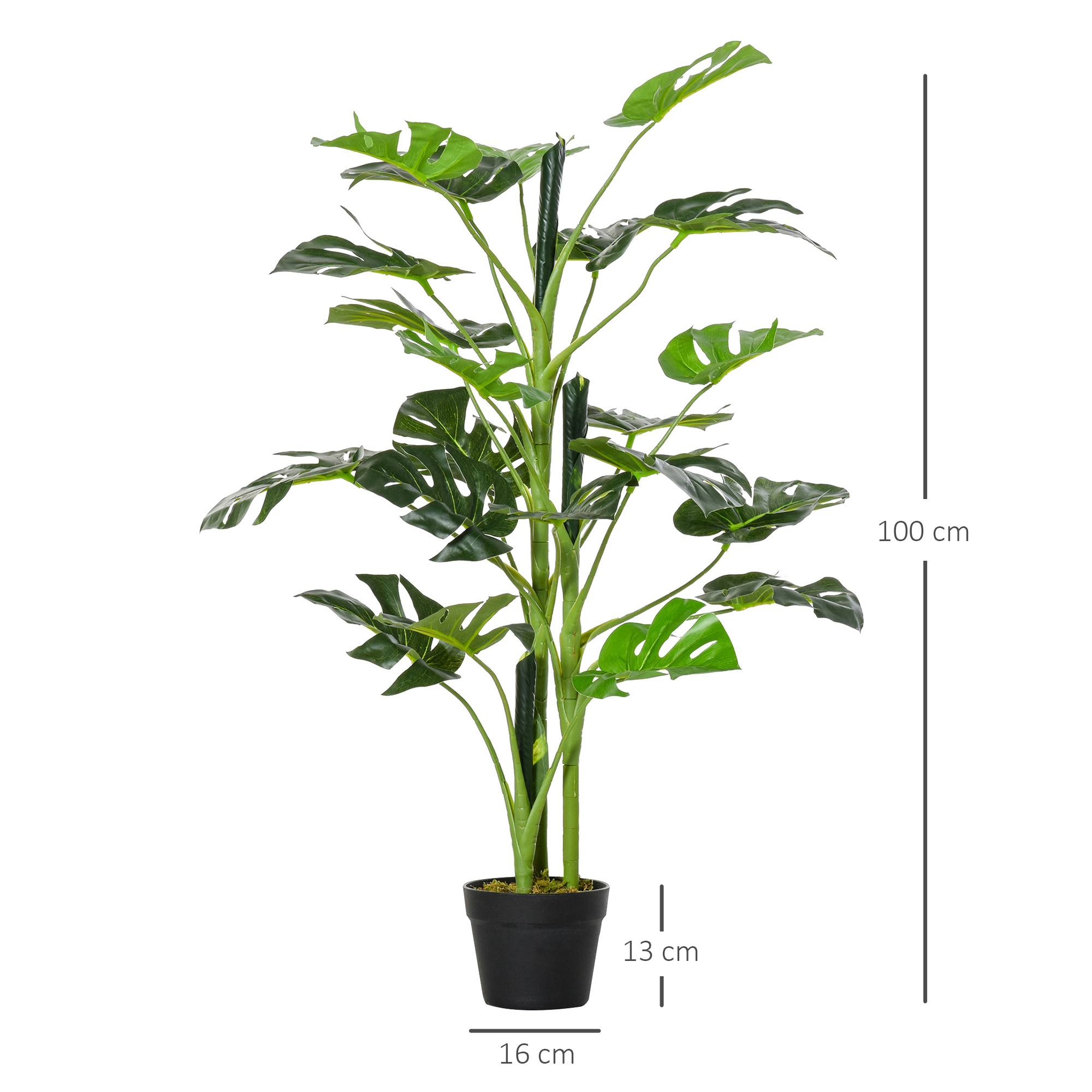 Planta artificial Outsunny Monstera com vaso, árvore tropical sintética com 21 folhas para casa ou escritório, Ø16x100 cm, verde