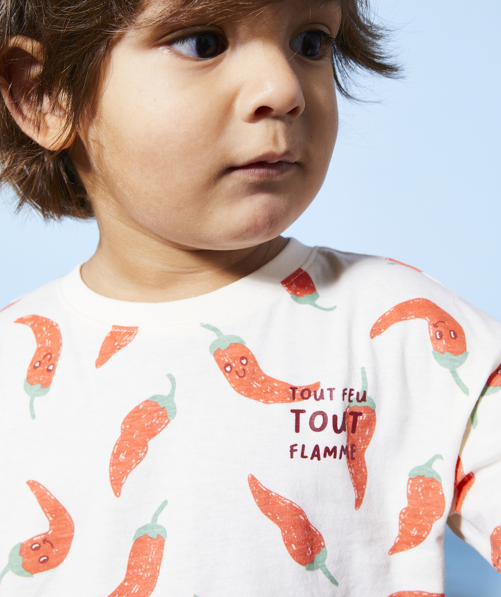 T-SHIRT BÉBÉ GARÇON EN COTON BIO ÉCRU AVEC IMPRIMÉ PIMENT