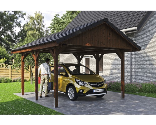 SKAN HOLZ Wallgau enkele carport inclusief daklatten en H-paalankers, 430 x 500 cm, notenhout