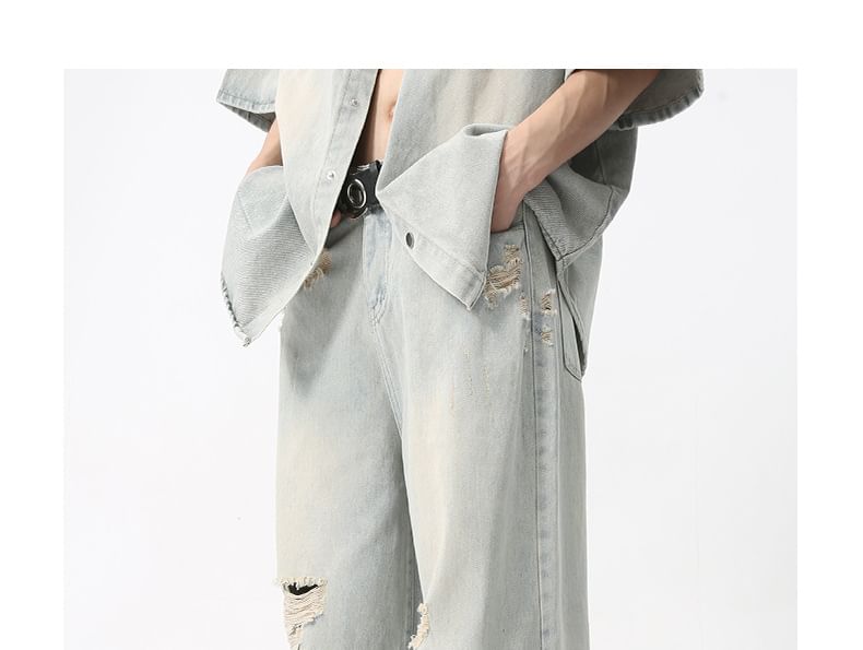 FAERIS - Gewassen denim overhemd met korte mouwen en kraag / Jeans met wijde pijpen en middelhoge taille