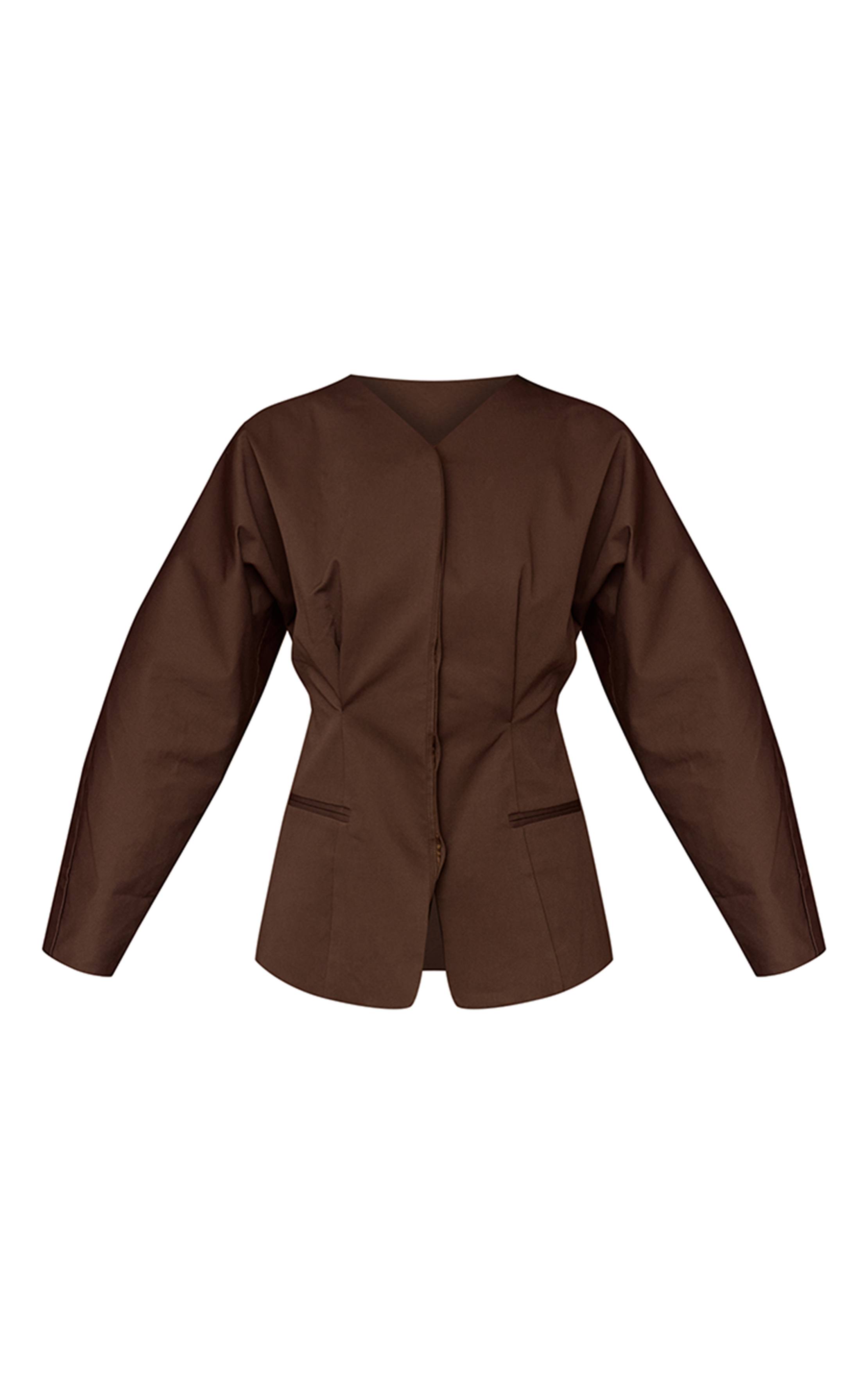 Marron Foncé Blazer Ajusté Sans Col En Tissu Tissé Premium Avec Ensemble Coordonné