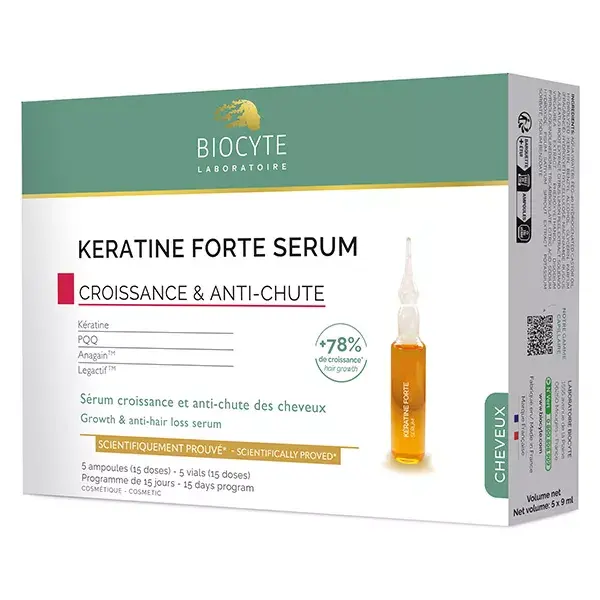 Sérum Antiqueda Biocyte Keratin Forte, 5 ampolas de 9 ml, 15 dias de duração.