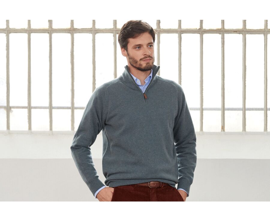 Pull homme laine col zippé Vert Chiné - KENNETH