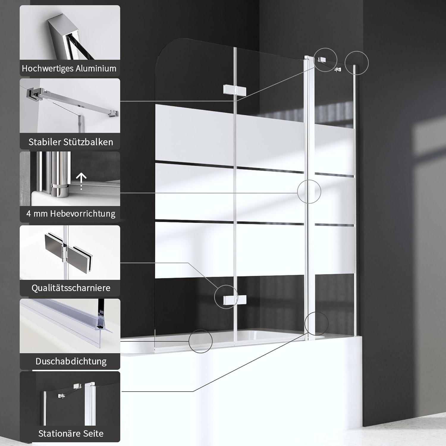 Duschwand für Badewanne mit Stabilisator und Festteil 2 teilig faltbar 140 x 140 cm Gestreift Badewannenfaltwand Duschtrennwand 6mm Nano Glas Duschabtrennung Badewanne