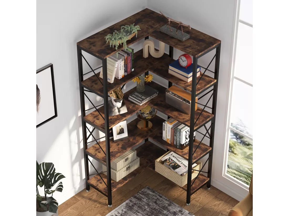 Tribesigns Bibliothèque d'angle, Grande étagère d'angle Industrielle, étagère d'angle sur Pied avec Cadre en métal pour Salon, Maison, Bureau, Marron Rustique (5 étagères-Noir)