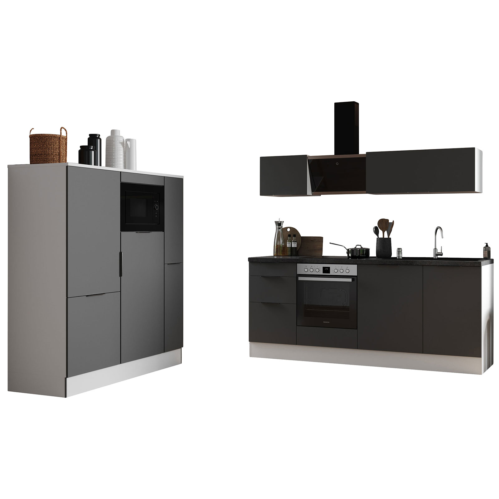 RESPEKTA Küchenblock - grau matt - weiß matt - mit E-Geräten - 370 cm