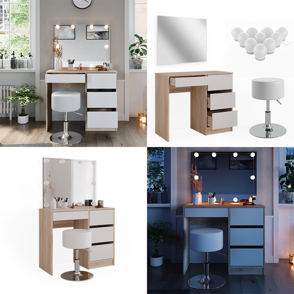 Vicco Schminktisch Sherry Sonoma Weiß, 90 x 75 cm, Spiegel, LED & Hocker, modern