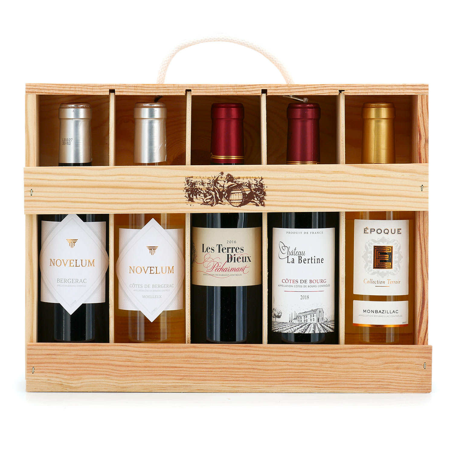 Coffret bois 5 demi-bouteilles vins de Bordeaux et Sud-Ouest