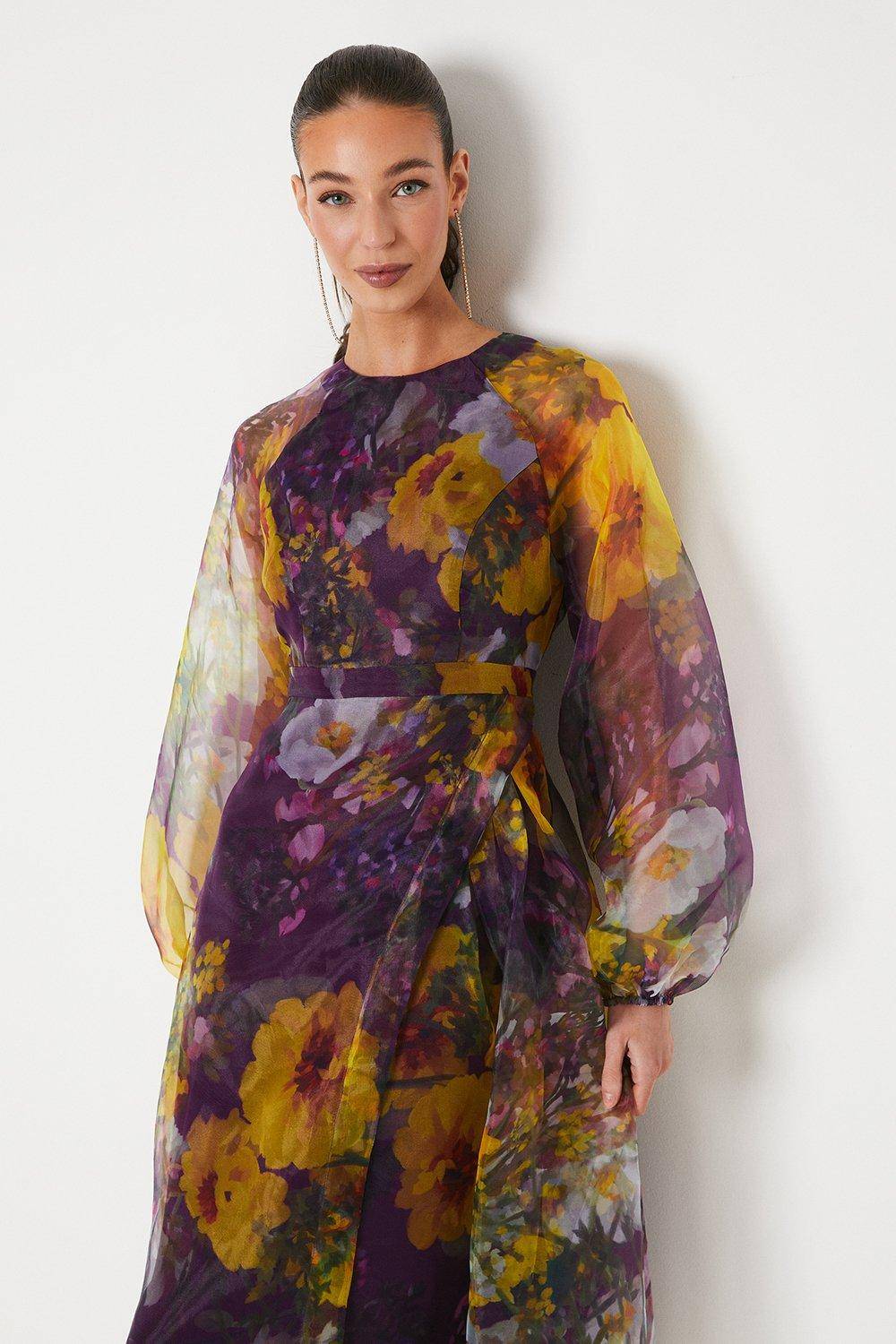Coast Robe Midi en Organza à Taille Nouée et Manches Bouffantes