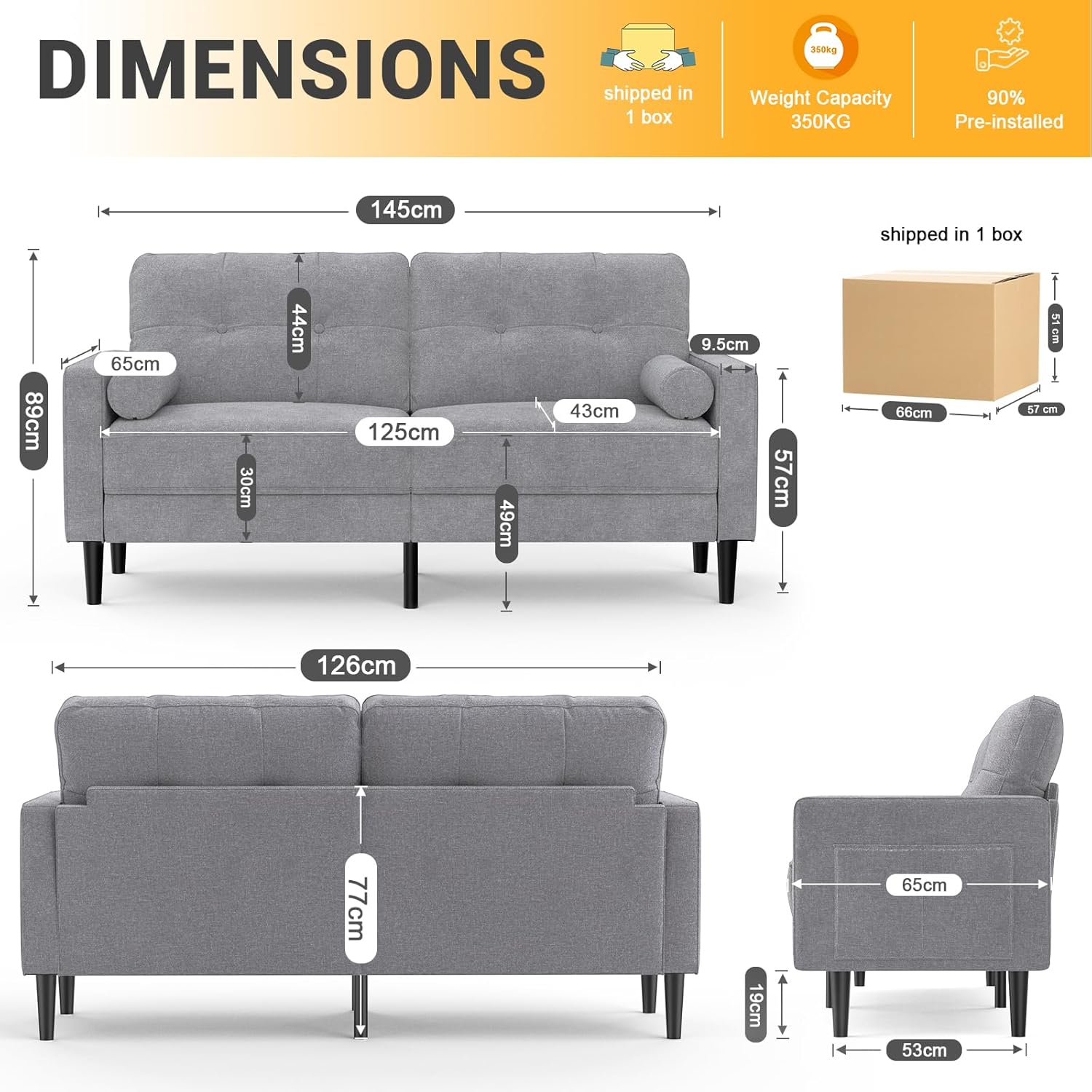 Sofa 2 Sitzer, Modernes Design Mit Dicken Polstern, 2 Kissen, Bequemes Leinensofa Mit 2 Staufächern für Wohnzimmer/Schlafzimmer/Büro, Leicht Zusammenzubauendes Kleines Möbelstück, Grau