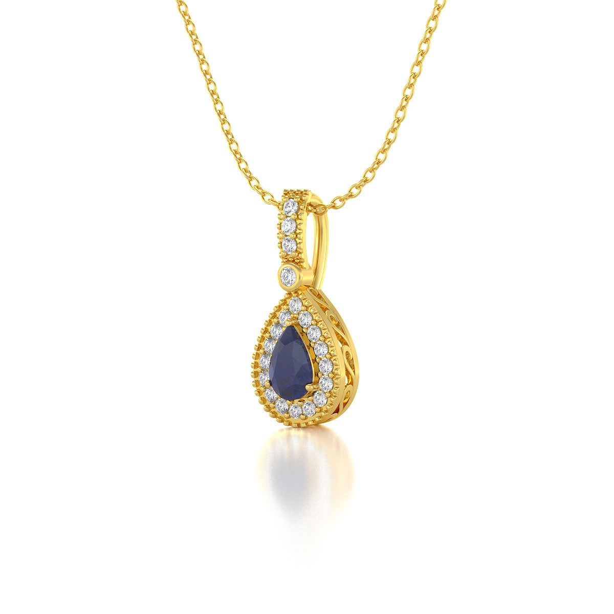 Collier Pendentif ADEN Or 585 Jaune Saphir et Diamants Chaine Or 585 incluse 1.55grs