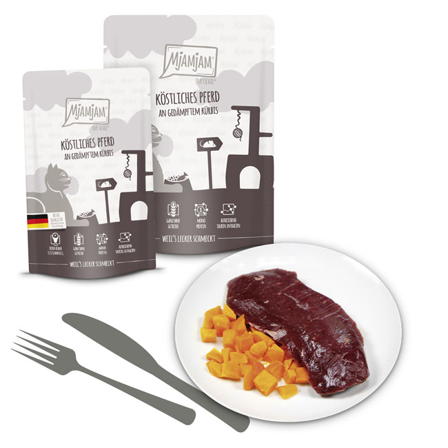 Quetschie köstliches Pferd an gedämpftem Kürbis