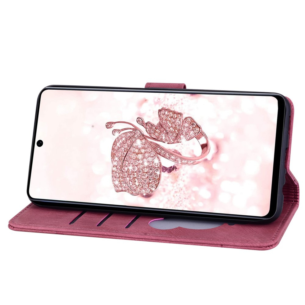 Samsung Galaxy S22 5G Leder Tasche Flip Cover Katze & Blumen Imprint - Rot
