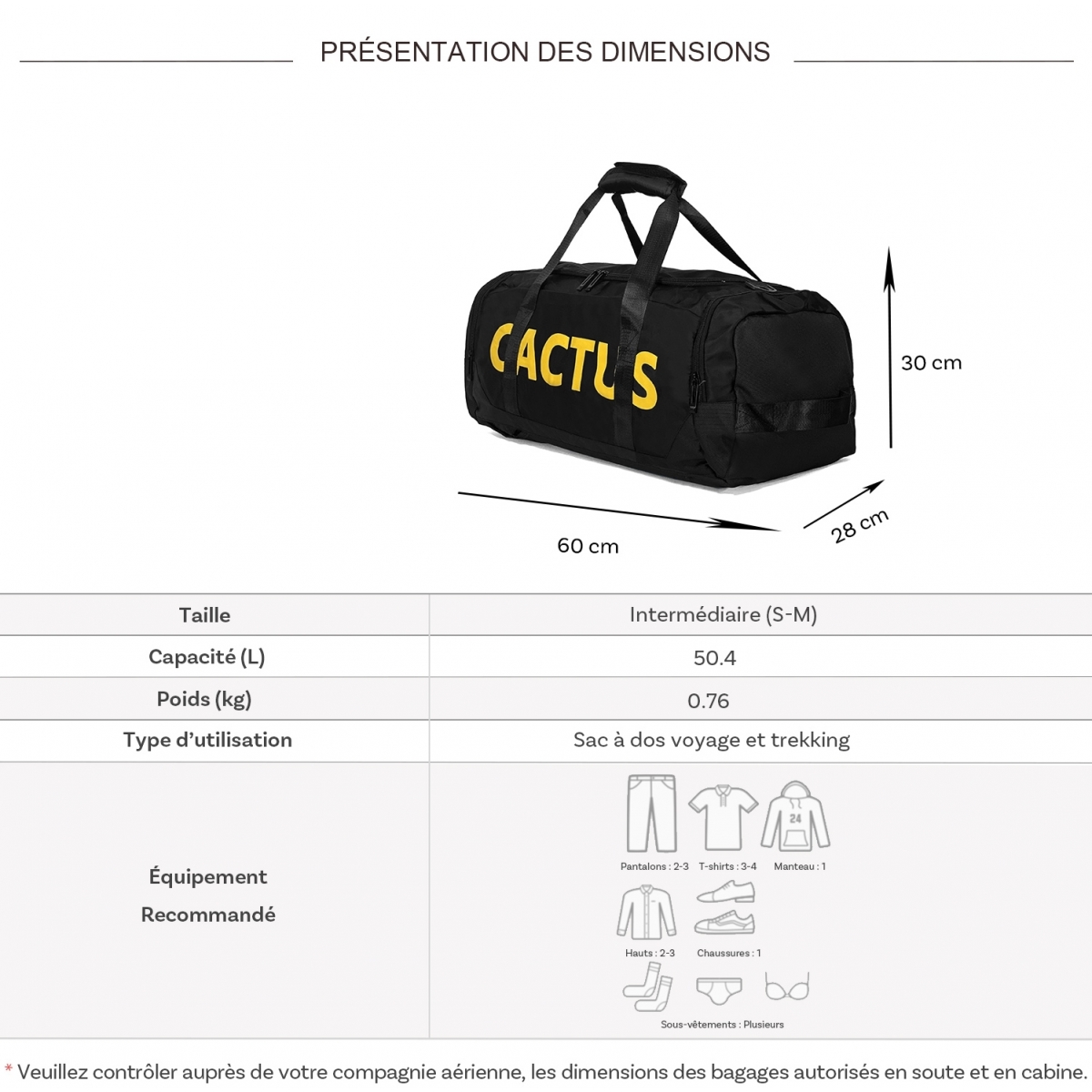 Cactus Sac de voyage week-end et sport 50L Cactus 2en1 porté dos sans roulettes