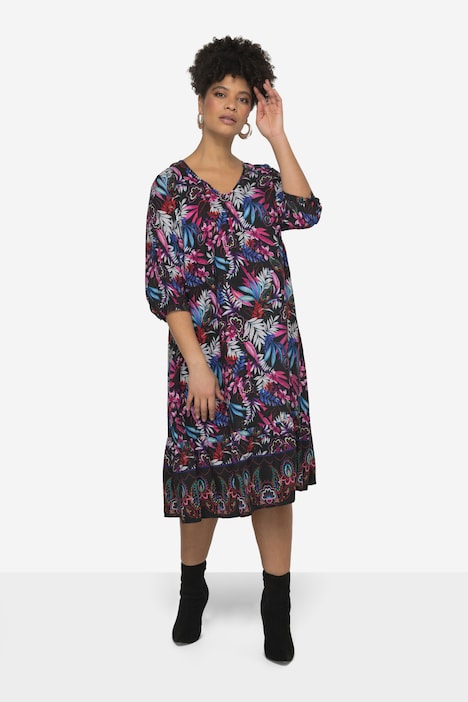 Kleid, A-Line, Alloverdruck, V-Ausschnitt, 3/4-Ärmel