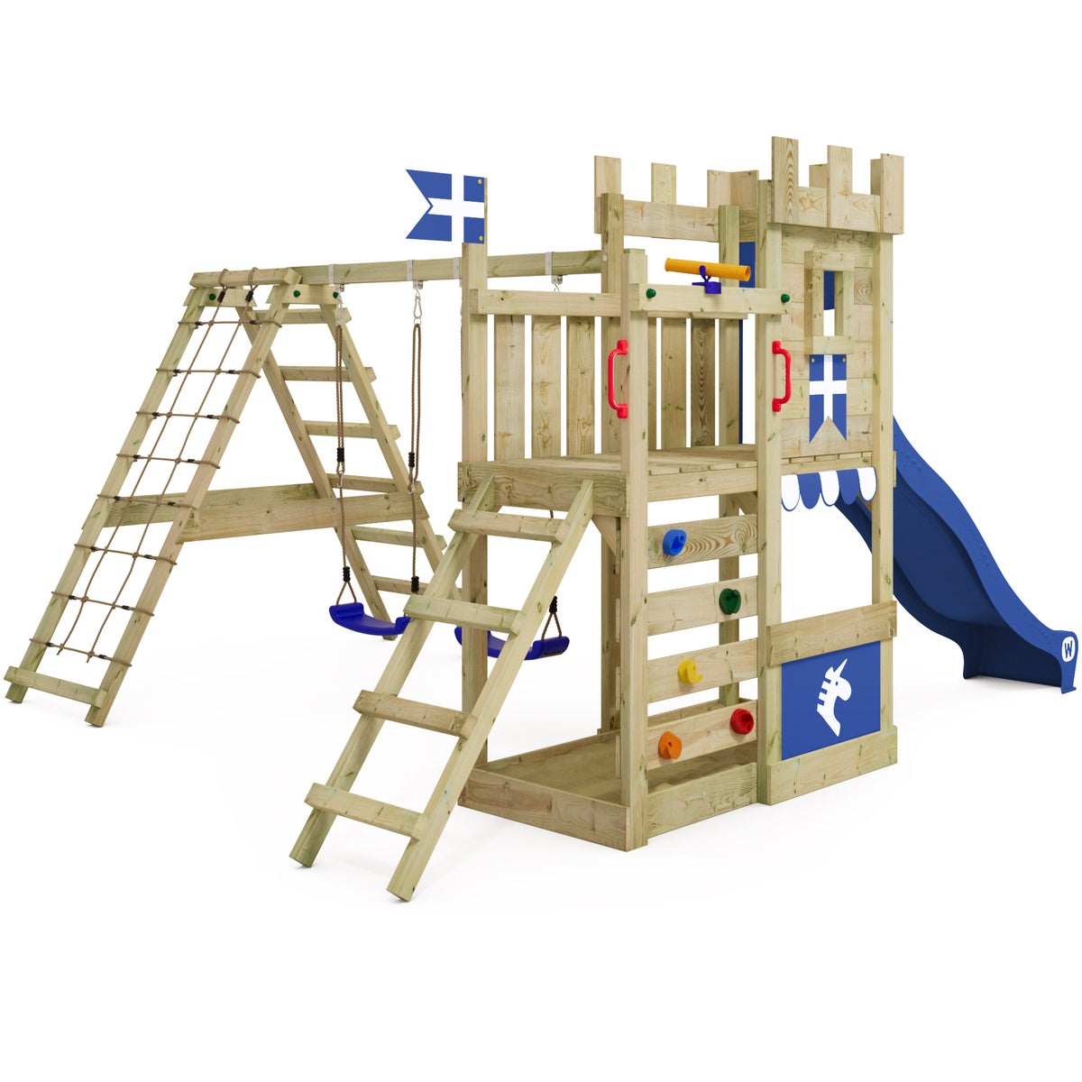 WICKEY DragonFlyer Castle Speeltoren met Schommel en Glijbaan, Speelhuis met Zandbak, Klimladder en Speelaccessoires - Blauw