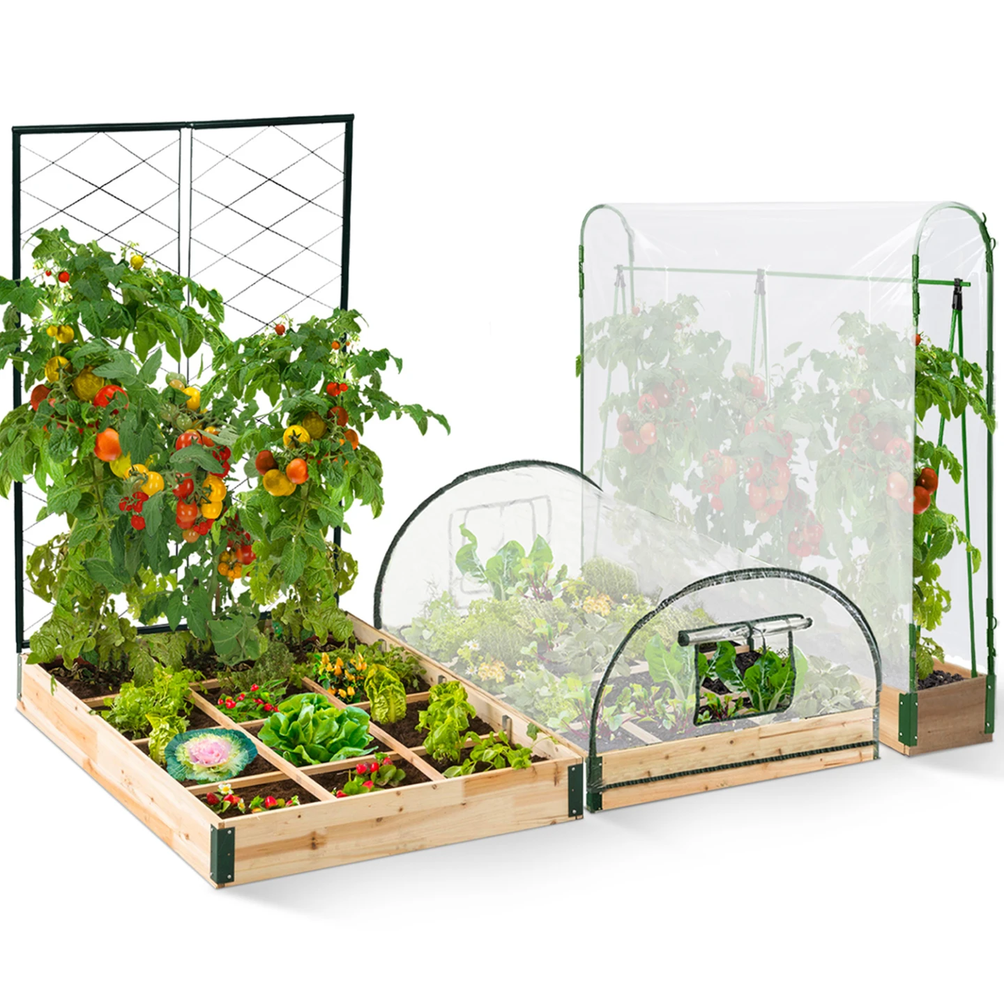 Kit complet 3 bacs modulables carrés potager et serre à tomates + treillis + housse