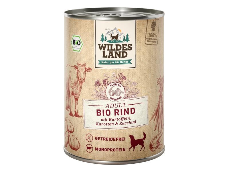 Wildes Land Nassfutter Rind mit Kartoffeln, Karotten & Zucc Alleinfutter aus Rindfleisch mit Kartoffeln, Karotten & Zucchini