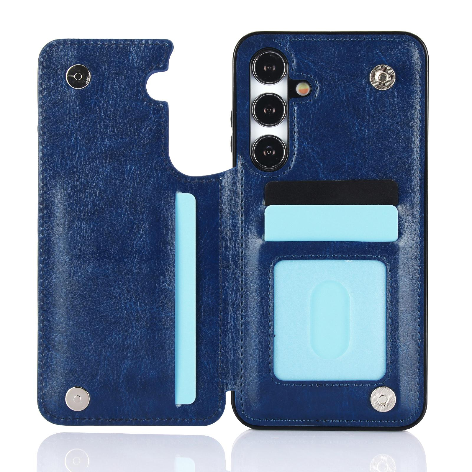 Samsung Galaxy S24 Hybrid Leder Hülle mit Kartenfach   Kickstand Aufsteller - Blau