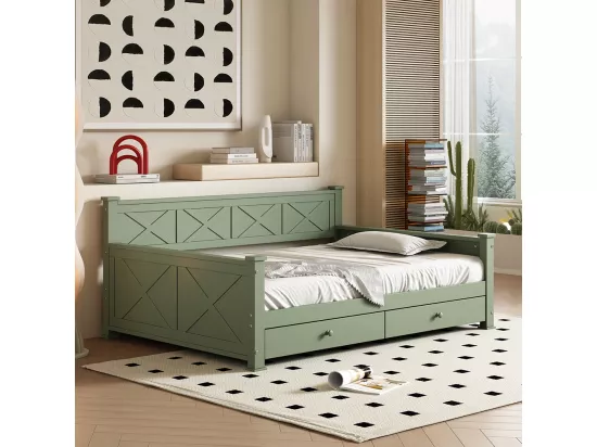 Lit simple, 90x200cm, Lit avec sommier à lattes (sans matelas), 2 tiroirs, Style minimaliste, Pin, Lit en bois, vert