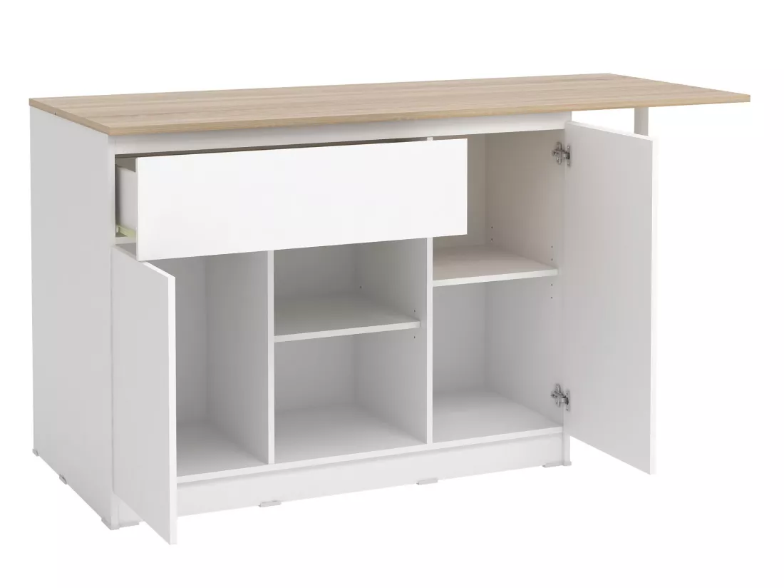 Ilot central de cuisine avec 2 portes, 1 tiroir et 2 niches - Blanc et naturel - TUNORI