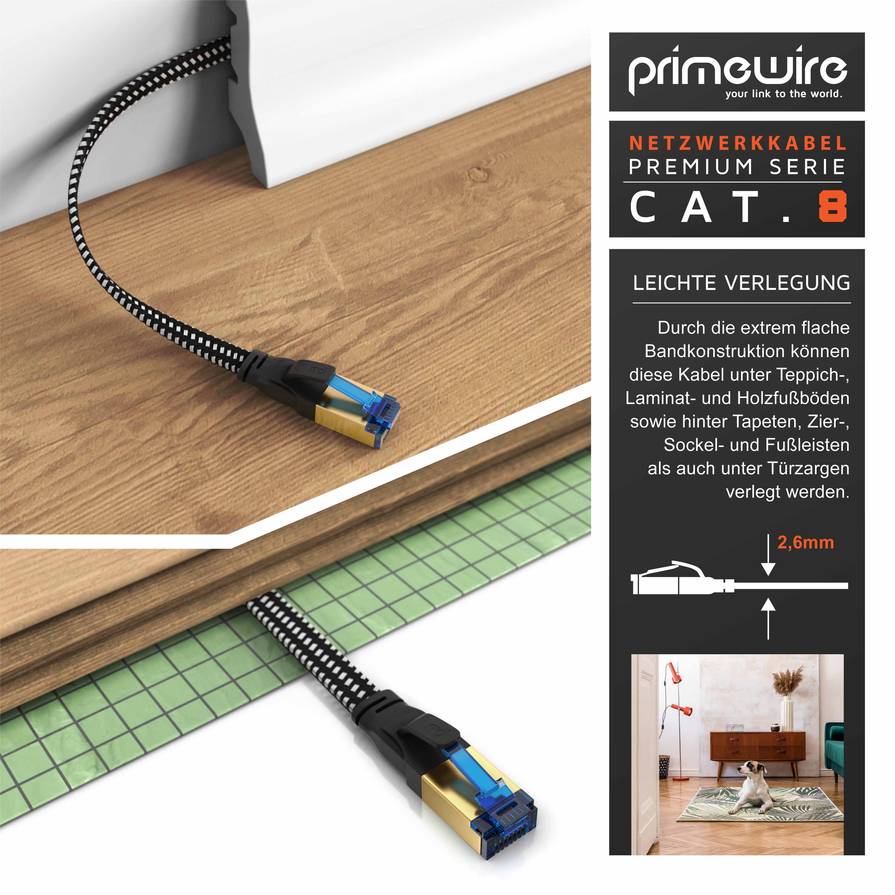 Primewire Flachbandpatchkabel CAT 8 mit Baumwollummantelung - Gigabit Ethernet LAN Kabel - 40 Gbit/s - S/FTP PIMF Schirmung - Netzwerkkabel - 0,25m
