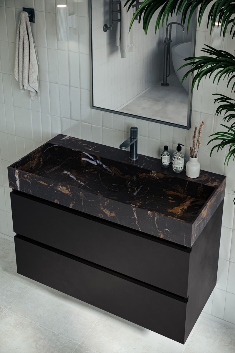 Fontana Portoro Gold badkamermeubel mat zwart 100cm met kraangat