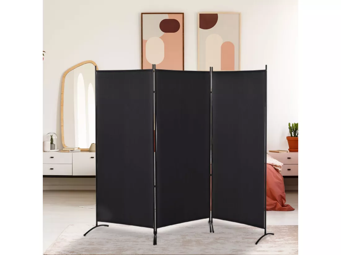 Paravent 3 panneaux sur pied brise-vue séparateur métal époxy polyester haute densité noir