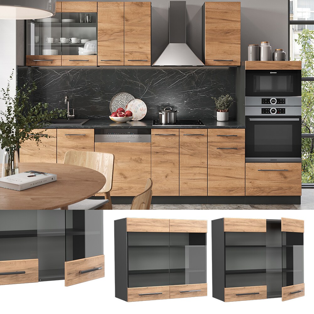 Vicco Hängeglasschrank Küchenschrank Küchenmöbel Fame-Line Anthrazit Eiche modern 80 cm Küche Einbauküche Hängeschrank Glasschrank Drehtür Einlegeboden Küchenzeile