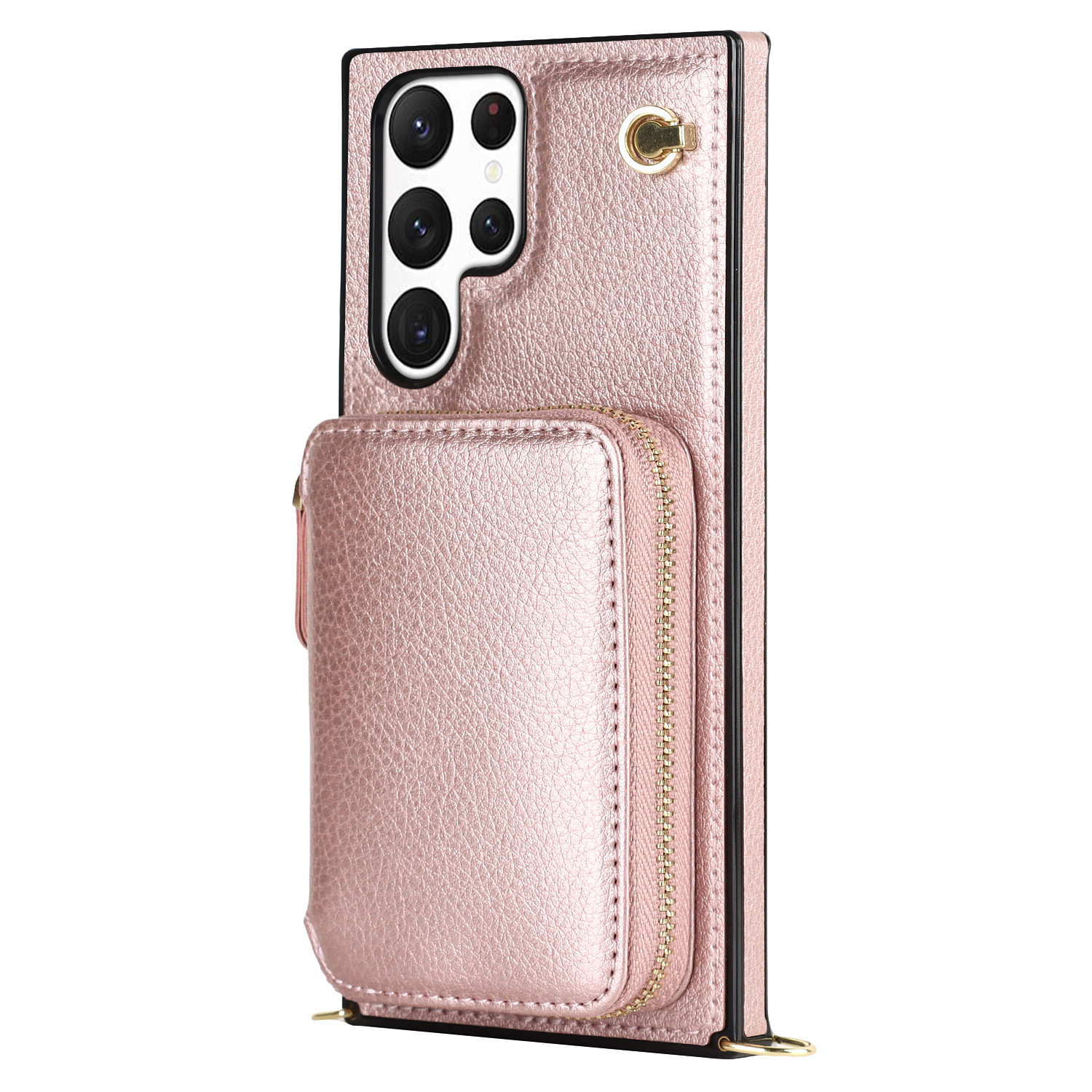 Samsung Galaxy S23 Ultra 5G Necklace Leder Schutz Hülle mit Kartenfächer   Handykette (140cm) - Roségold